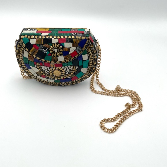 Vtg Himalayan Handmade Tibetan Mosaic Inlay Boho Clutch Evening Bag Multicolor - Picture 6 of 8